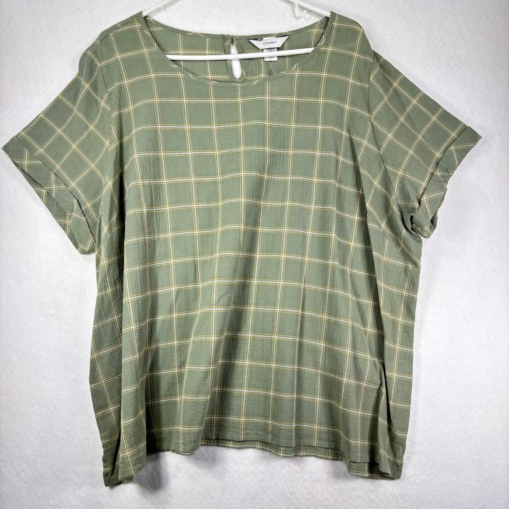CJ Banks Cotton Gauze Plaid Top Size 2X Plus Cottagecore Coastal